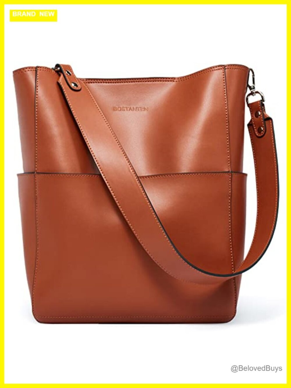 Top Layer Cowhide Leather Bucket Handbag with Removable Zip Pouch